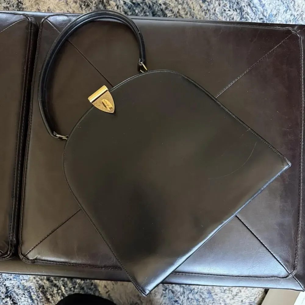 Leather Top Handle Bag Womens Medium Black Gold Hardware Formal Evening Purse